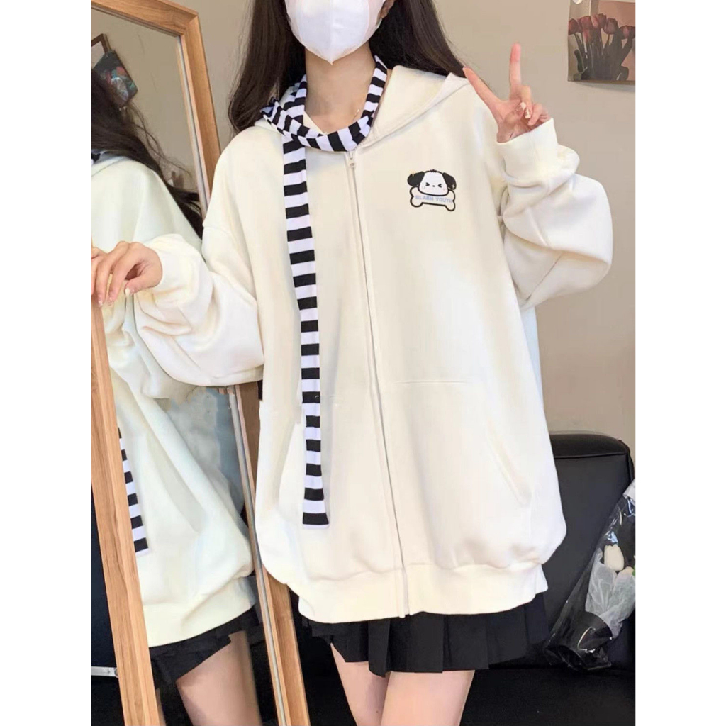Áo hoodie khóa kéo có mũ dễ thương tai thỏ có thể tháo rời màu đen phối khoác cardigan màu be tôn da ulzzang oversize