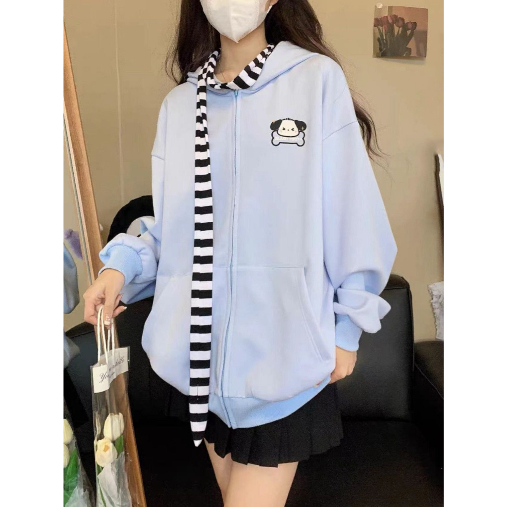 Áo hoodie khóa kéo có mũ dễ thương tai thỏ có thể tháo rời màu đen phối khoác cardigan màu be tôn da ulzzang oversize