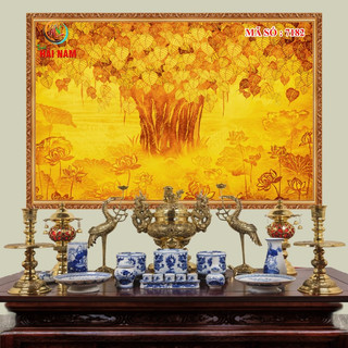 Tranh dán tường 3D in hình trúc chỉ cây bồ đề - vải lụa kim tuyến