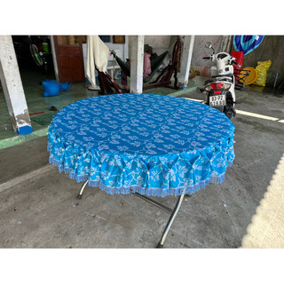 Khăn bàn dúng viền đơm hột gấm hoa nổi xanh da trời