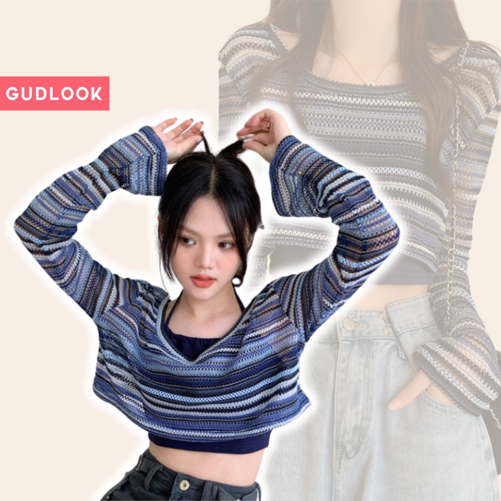 Áo Croptop Lưới Dệt Kim Kèm Yếm GUDLOOK Kẻ Xanh Phong Cách Boho