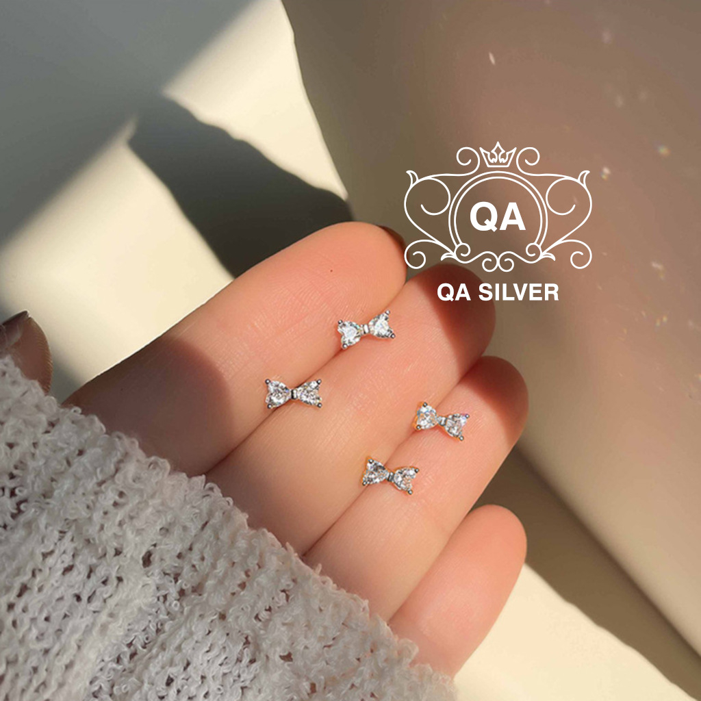 Khuyên tai bạc 925 nơ đá chốt bi vặn bông nam nữ tối giản S925 BOW QA SILVER Earrings EA230801