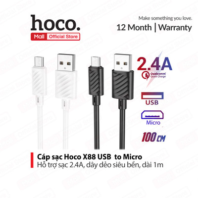Cáp sạc nhanh Hoco X88 Micro 2.4A dây TPE dẻo siêu bền chống gãy gập dài 100cm