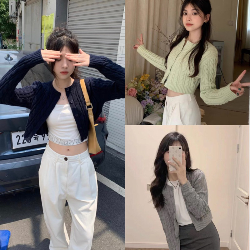 Áo Cardigan len thừng form croptop logo thêu