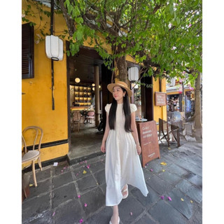 Maxi trắng tay phồng dây kéo