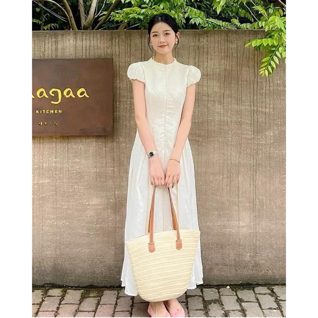 Maxi trắng tay phồng dây kéo