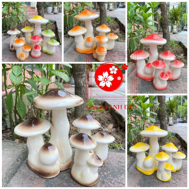 Cây nấm sứ trang trí tiểu cảnh, nấm decor gốm Bát Tràng