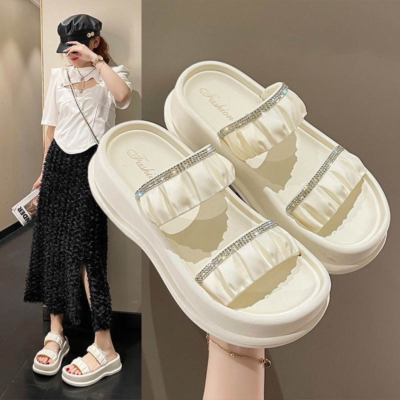 Dép 2 Quai Ngang Đính Đá Nhún Chun Đế 5cm Thời Trang