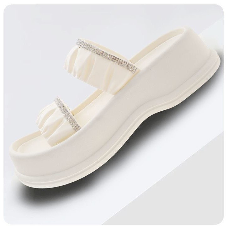 Dép 2 Quai Ngang Đính Đá Nhún Chun Đế 5cm Thời Trang