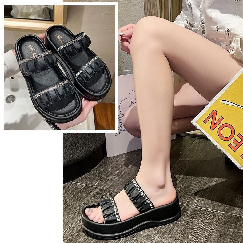 Dép 2 Quai Ngang Đính Đá Nhún Chun Đế 5cm Thời Trang