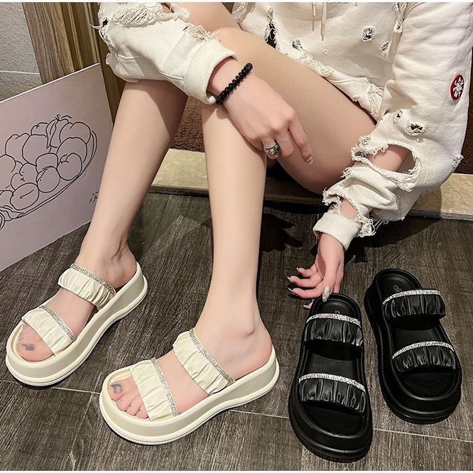 Dép 2 Quai Ngang Đính Đá Nhún Chun Đế 5cm Thời Trang