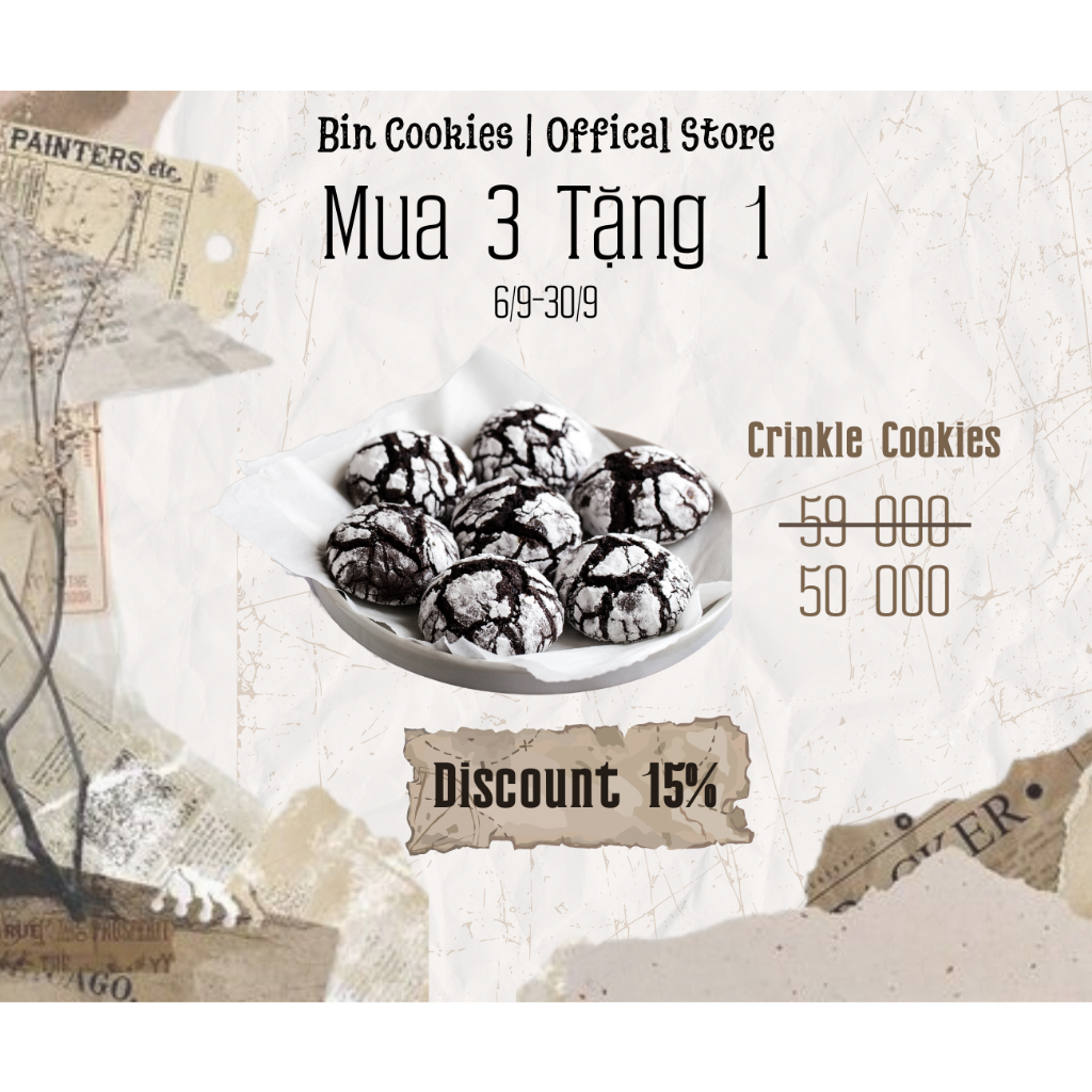 |Mua 3 tặng 1| Hộp 10 cái Bánh quy Crinkle các vị: Truyền Thống, Redvelvet, Lemon