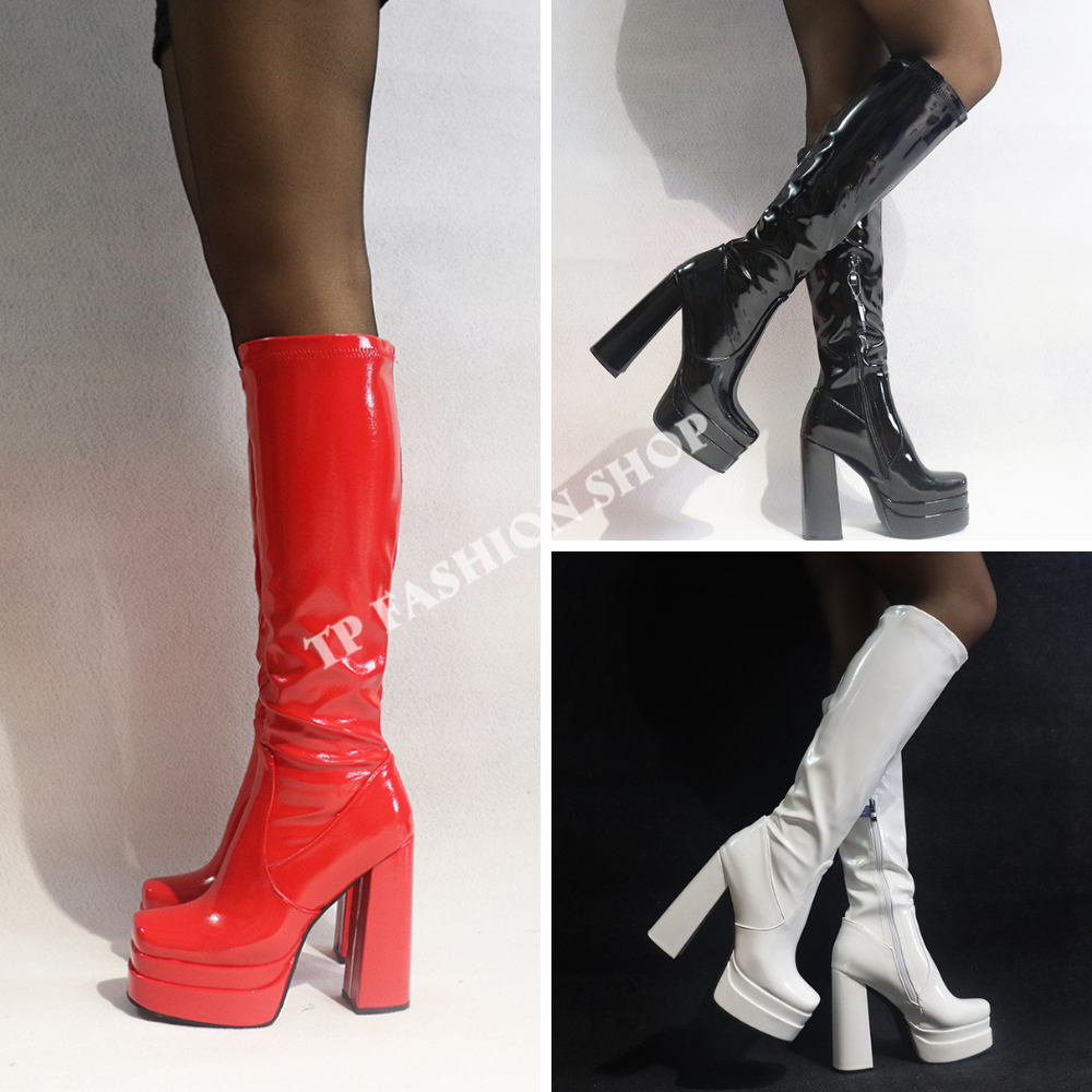 Giày boot nữ DANCER/ BIỂU DIỄN đế kép 14cm ống cao dưới gối da bóng màu ĐEN/ ĐỎ/ TRẮNG sang chảnh GCC01