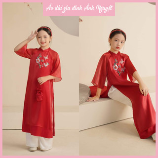 Áo dài cách tân bé gái màu đỏ chất tơ sống thêu hoa cao cấp - AN18