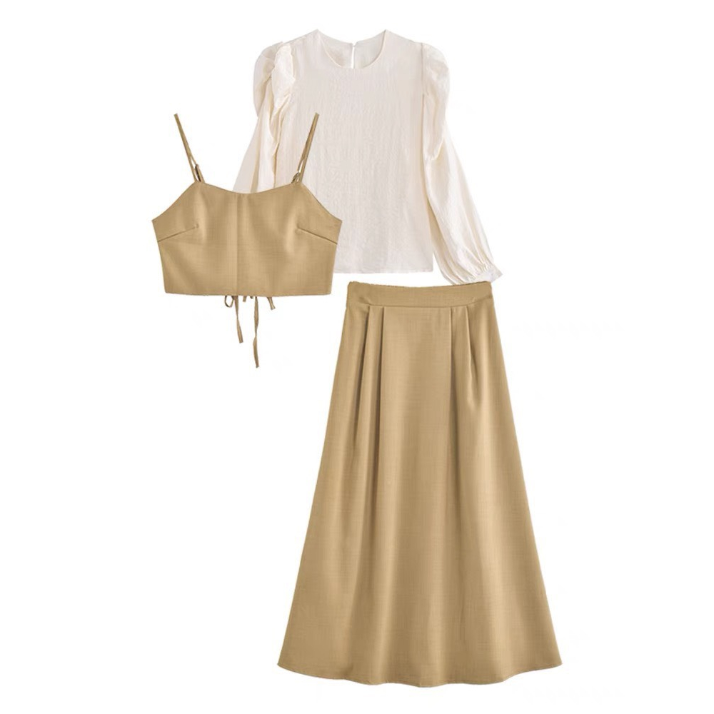 Set Váy Kaki Mix Áo Sơ Mi Kèm Áo Gile Dáng Dài Kèm Ảnh Thật