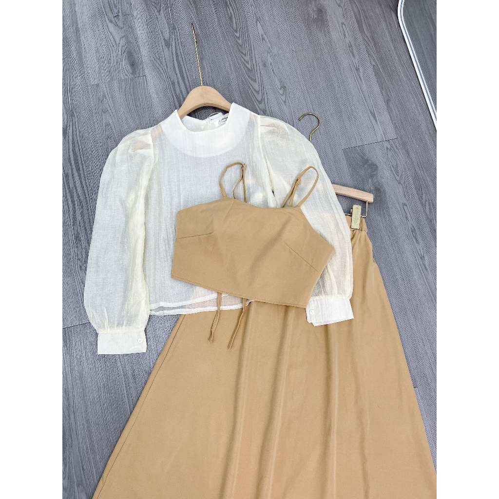 Set Váy Kaki Mix Áo Sơ Mi Kèm Áo Gile Dáng Dài Kèm Ảnh Thật