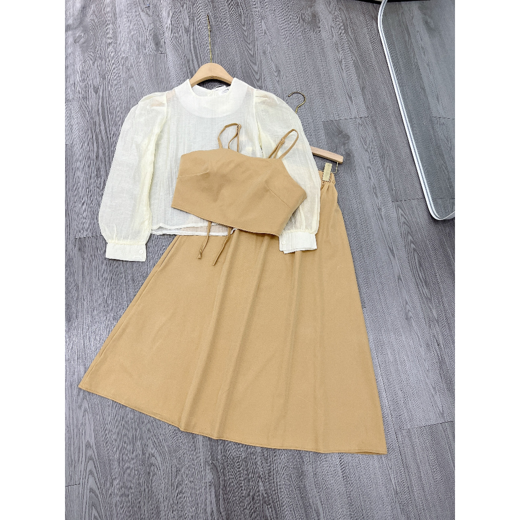 Set Váy Kaki Mix Áo Sơ Mi Kèm Áo Gile Dáng Dài Kèm Ảnh Thật