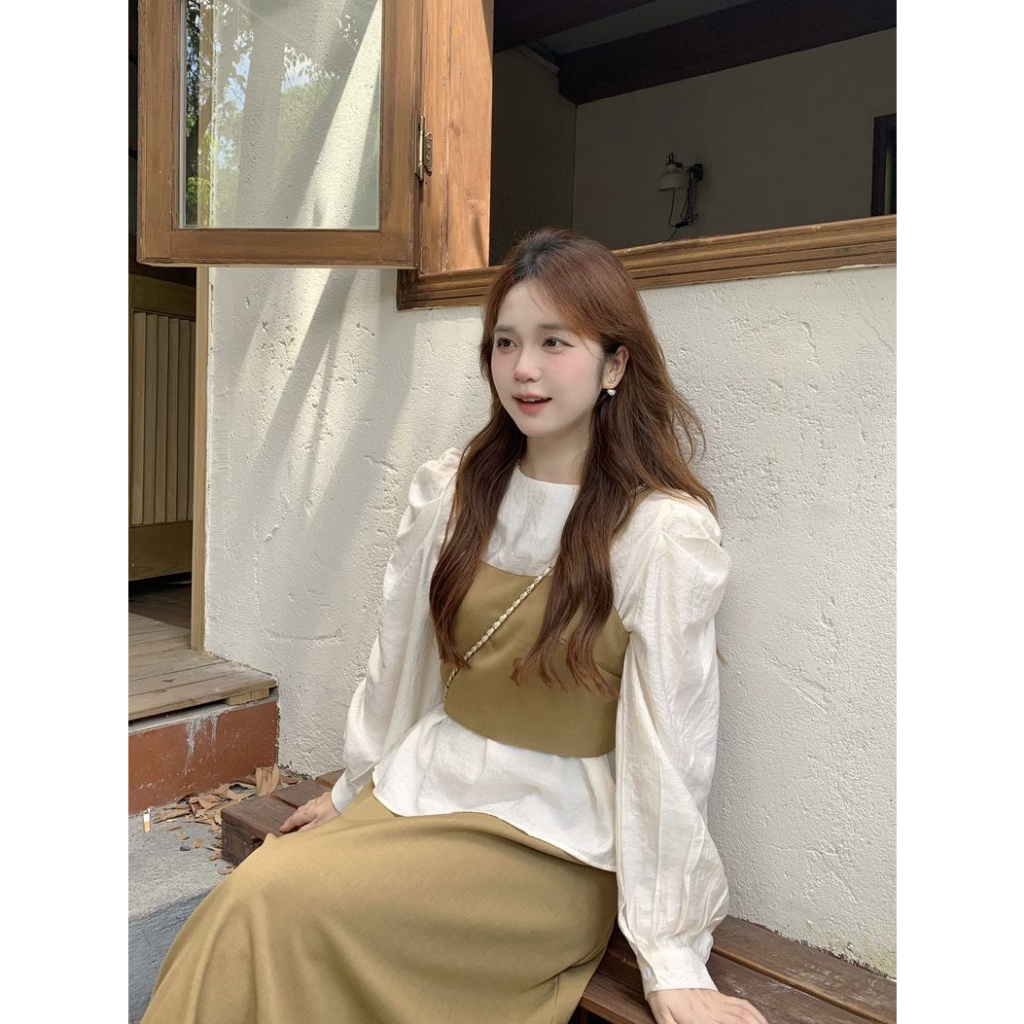 Set Váy Kaki Mix Áo Sơ Mi Kèm Áo Gile Dáng Dài Kèm Ảnh Thật