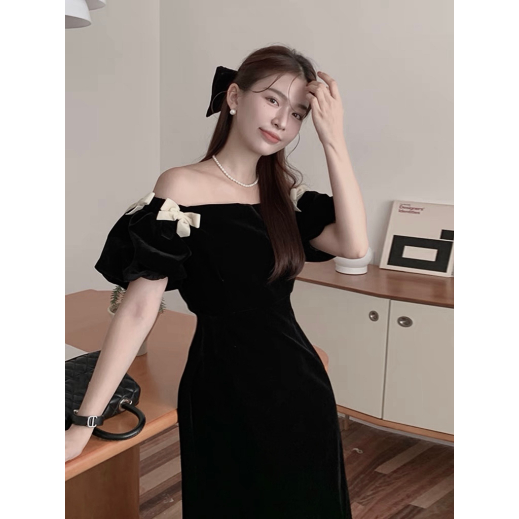 Set Váy Nhung Trễ Vai Đính Nơ Vai Mix Chân Váy Nhung Dáng Dài Xòe Kèm Ảnh Thật