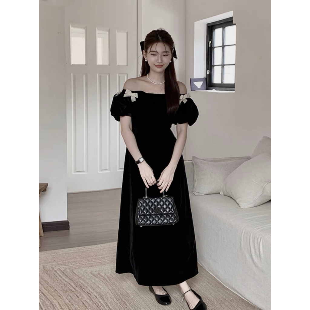 Set Váy Nhung Trễ Vai Đính Nơ Vai Mix Chân Váy Nhung Dáng Dài Xòe Kèm Ảnh Thật