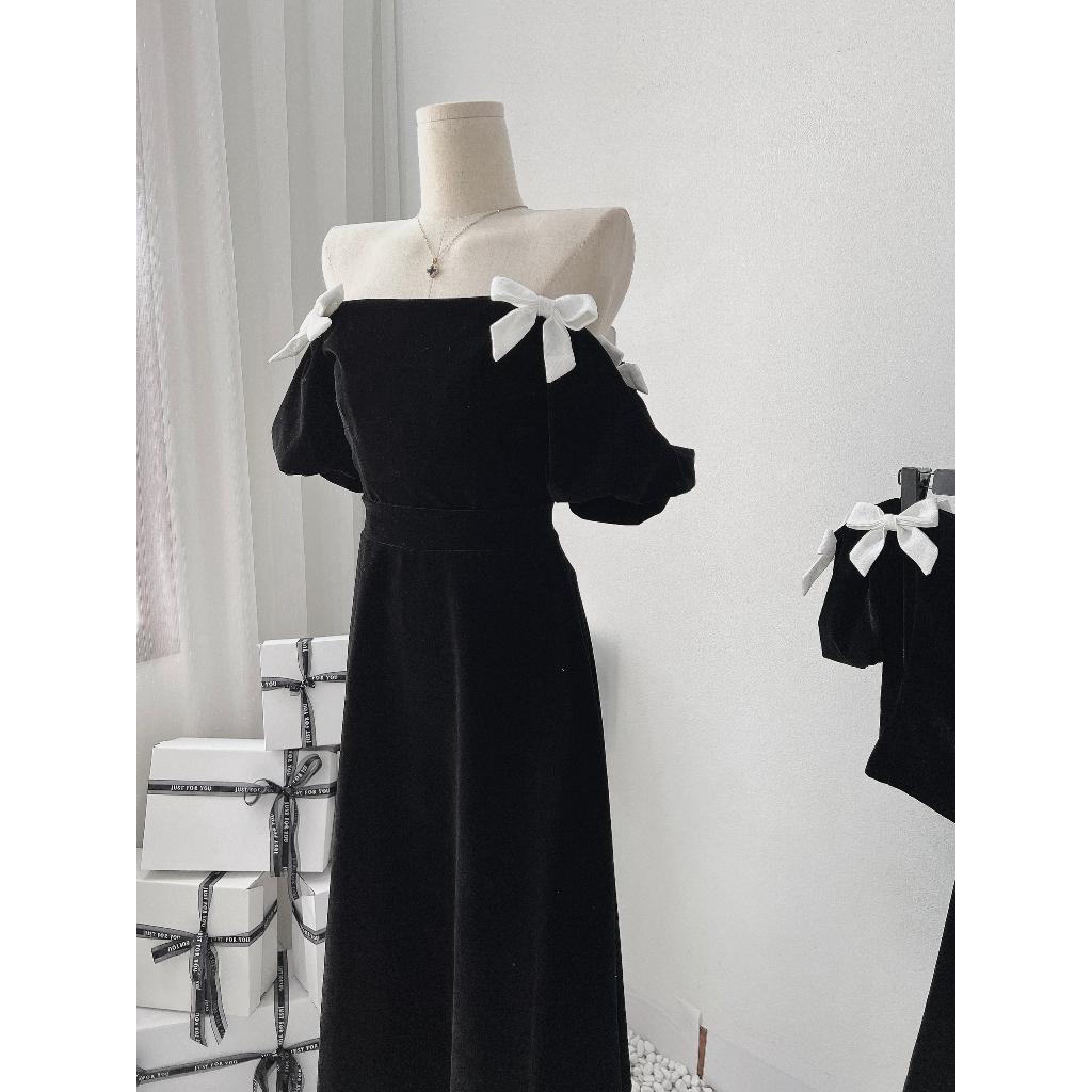 Set Váy Nhung Trễ Vai Đính Nơ Vai Mix Chân Váy Nhung Dáng Dài Xòe Kèm Ảnh Thật