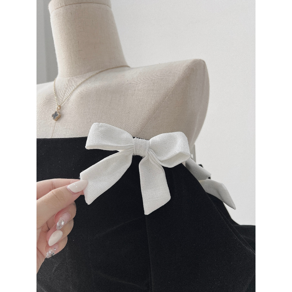 Set Váy Nhung Trễ Vai Đính Nơ Vai Mix Chân Váy Nhung Dáng Dài Xòe Kèm Ảnh Thật