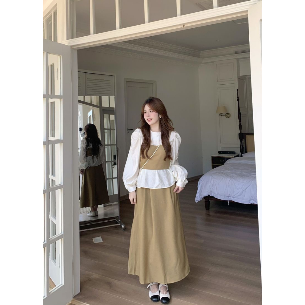 Set Váy Kaki Mix Áo Sơ Mi Kèm Áo Gile Dáng Dài Kèm Ảnh Thật