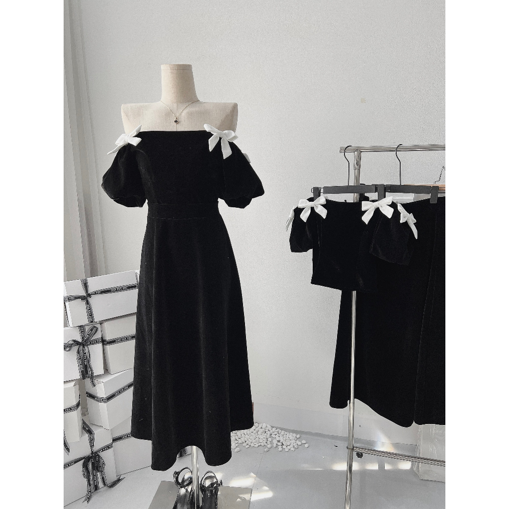 Set Váy Nhung Trễ Vai Đính Nơ Vai Mix Chân Váy Nhung Dáng Dài Xòe Kèm Ảnh Thật