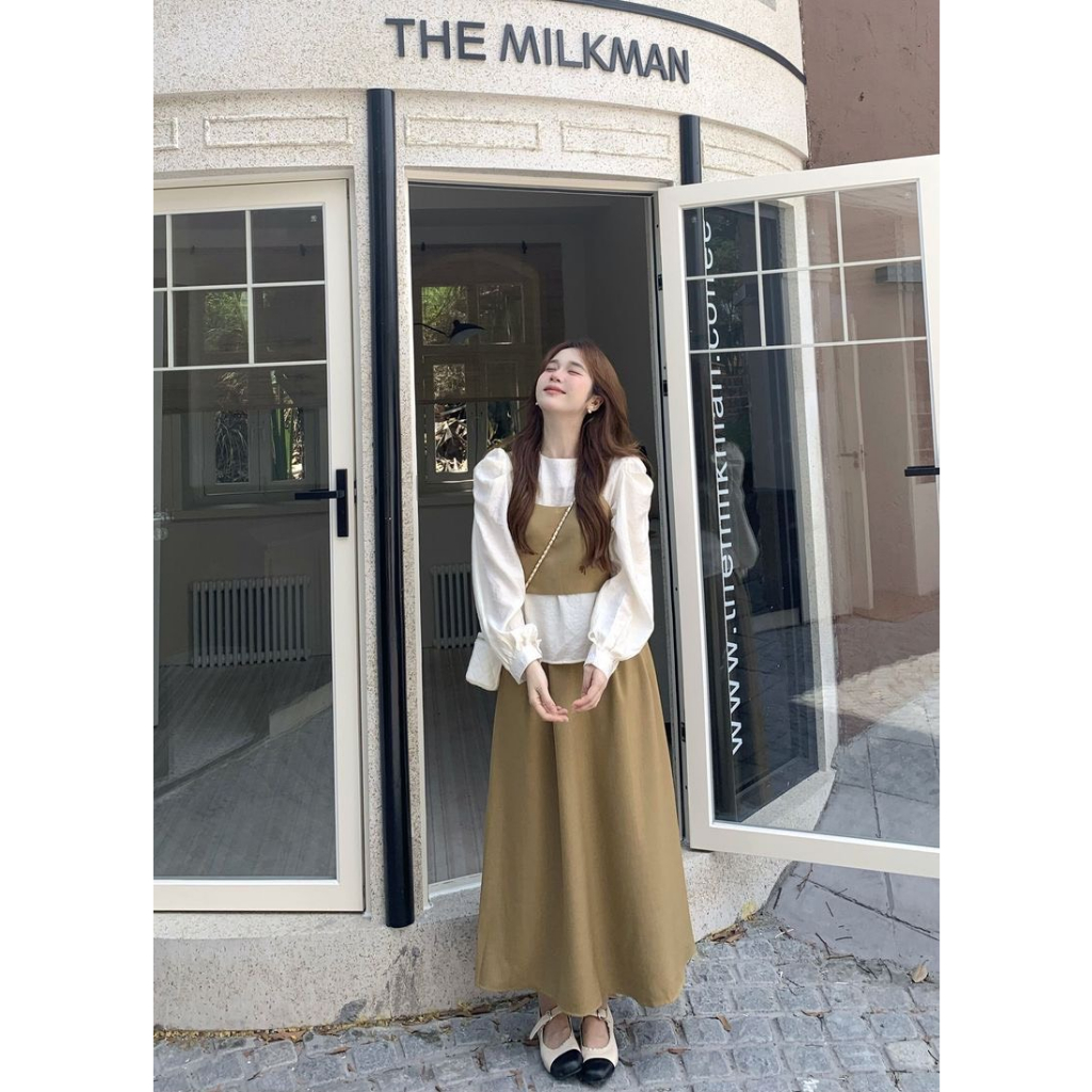 Set Váy Kaki Mix Áo Sơ Mi Kèm Áo Gile Dáng Dài Kèm Ảnh Thật