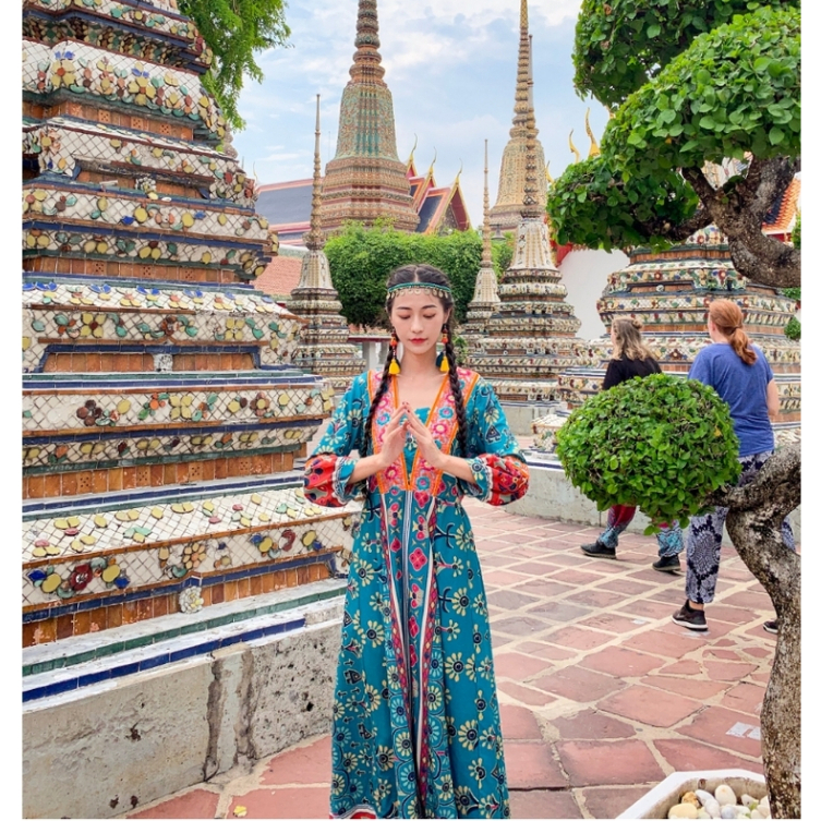 Váy maxi tông cam xanh thêu hoạ tiết thổ cẩm phong cách boho - MS050 (Có ảnh thật)