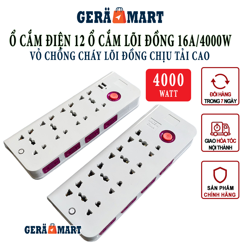 Ổ Cắm Điện 12 ổ cao cấp lõi đồng nguyên chất vỏ chống cháy công suất 4000W (16A) có 2 cổng sạc điện thoại USB - Không kè