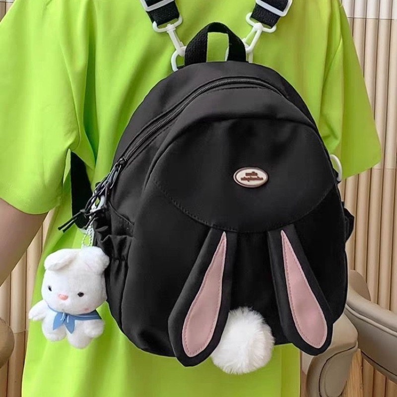 Balo mini tai thỏ tặng kèm móc treo túi đeo chéo canvas đeo hai kiểu màu hồng