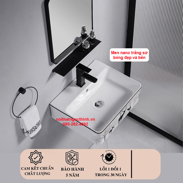 Lavabo Sứ vuông hươu TREO TƯỜNG AR-612 men nano trắng sáng bóng