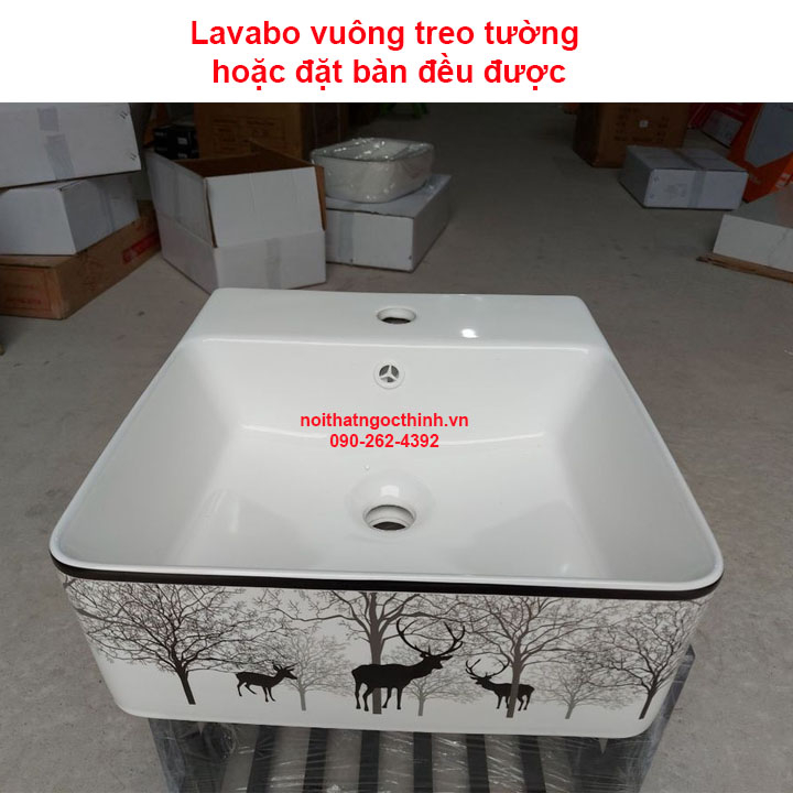 Lavabo Sứ vuông hươu TREO TƯỜNG AR-612 men nano trắng sáng bóng