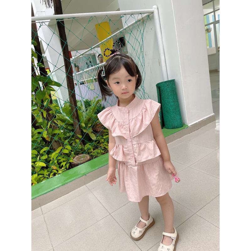 Váy Bèo Tầng Vải Đũi Gân Xinh Xắn Cho Bé Gái