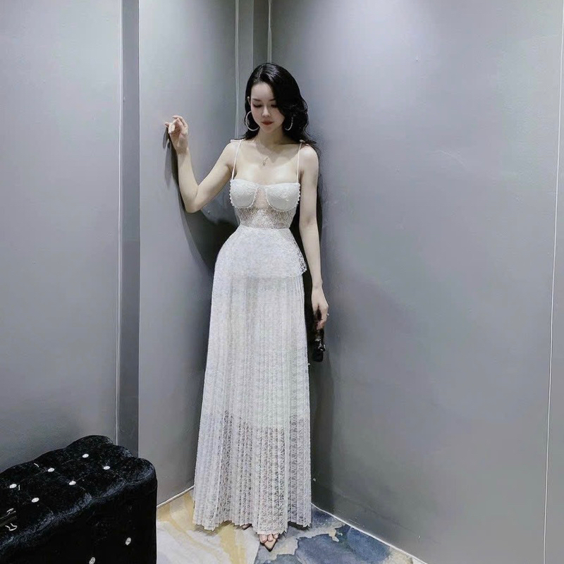 Đầm váy ren trắng dập ly dài hai dây 2 dây có mút thời trang nữ dự tiệc nhà hàng đi tiệc sinh nhật party event đi biển