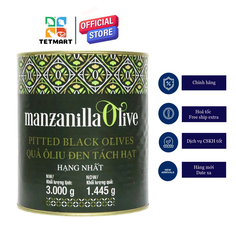 Quả oliu đen nguyên trái đã tách hạt 3kg Manzanilla Sevilla Tây Ban Nha cao cấp nhập khẩu 