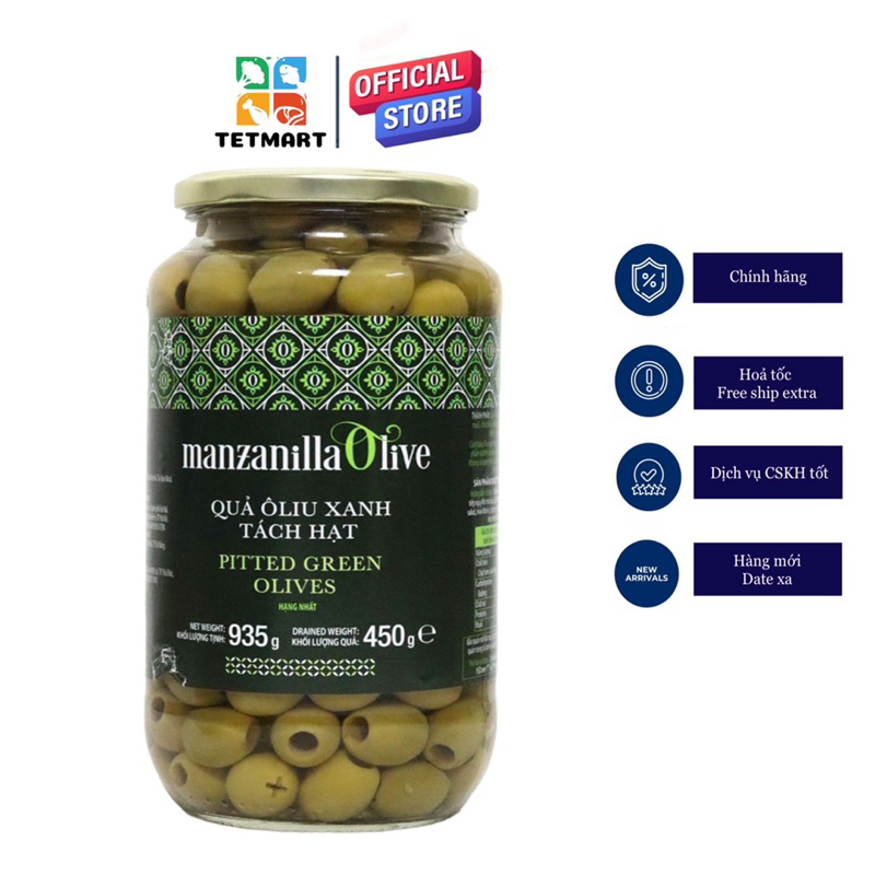Quả oliu xanh nguyên trái đã tách hạt 935g Manzanilla Sevilla Tây Ban Nha nhập khẩu 