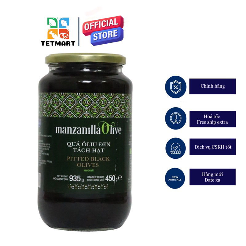 Quả oliu đen nguyên trái đã tách hạt 935g Manzanilla Sevilla Tây Ban Nha nhập khẩu 