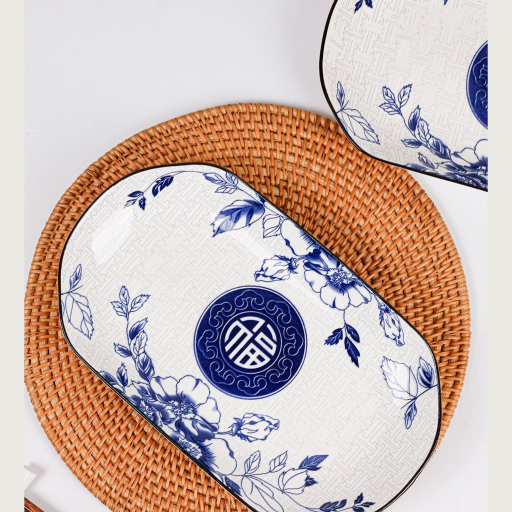 Đĩa Bầu Dục Hoạ Tiết Chữ Phúc Gốm Sứ Bát Tràng | Tinh Hoa Văn Hóa Truyền Thống