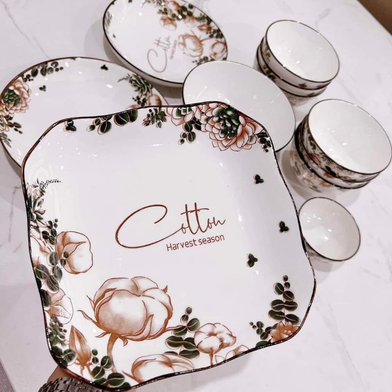Đĩa sứ Bát Tràng hoạ tiết bông cotton | Trang nhã và tinh tế cho bữa ăn