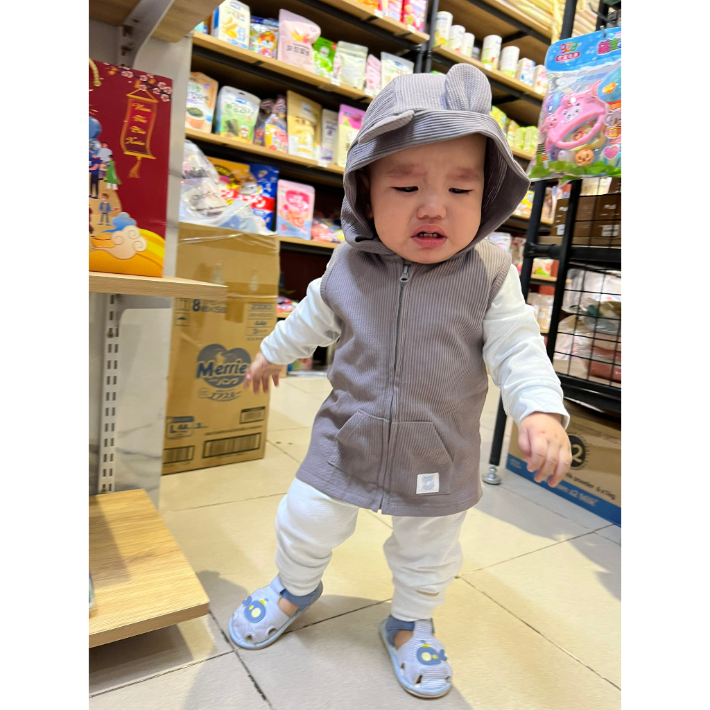 Áo Gile Chaang Cao Cấp Có Mũ Tai Gấu Mềm Mịn Cho Bé Trai Và Bé Gái