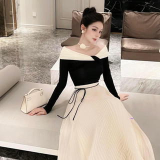 Set đầm thiết kế may i48 màu trắng kem phối đen - set váy thiết kế thanh lịch chuẩn may