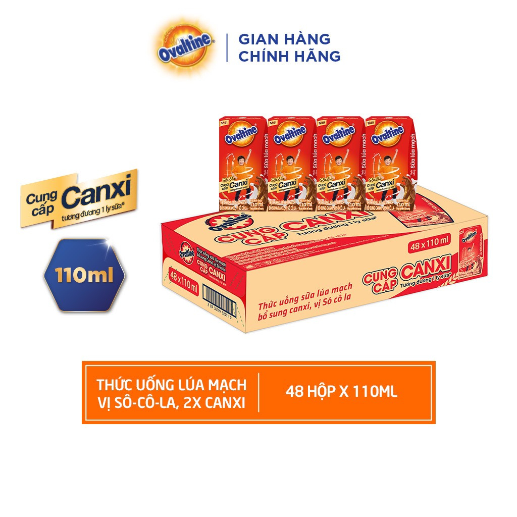 Thùng 48 hộp Thức uống lúa mạch thêm Canxi hương vị sô-cô-la Ovaltine (110ml x 48) date mới