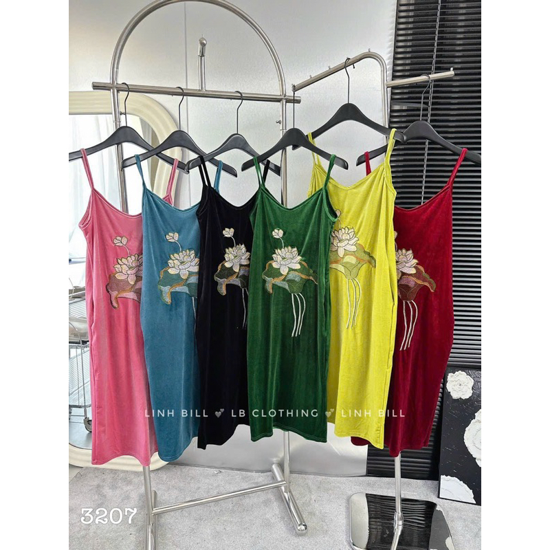 Váy Nhung Hai Dây Thêu Hoa Sen Bảng 6 Màu