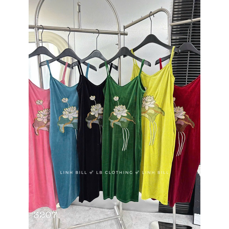 Váy Nhung Hai Dây Thêu Hoa Sen Bảng 6 Màu