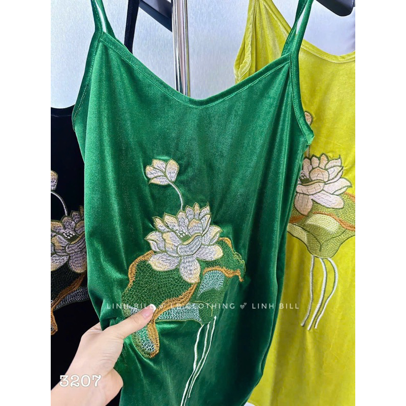Váy Nhung Hai Dây Thêu Hoa Sen Bảng 6 Màu
