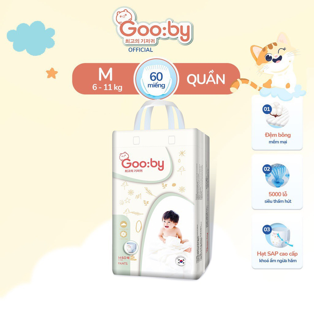 Tã/bỉm quần Gooby mềm mại, an toàn, siêu thấm hút size M/L/XL/XXL/3XL cho bé từ 6kg - 35kg