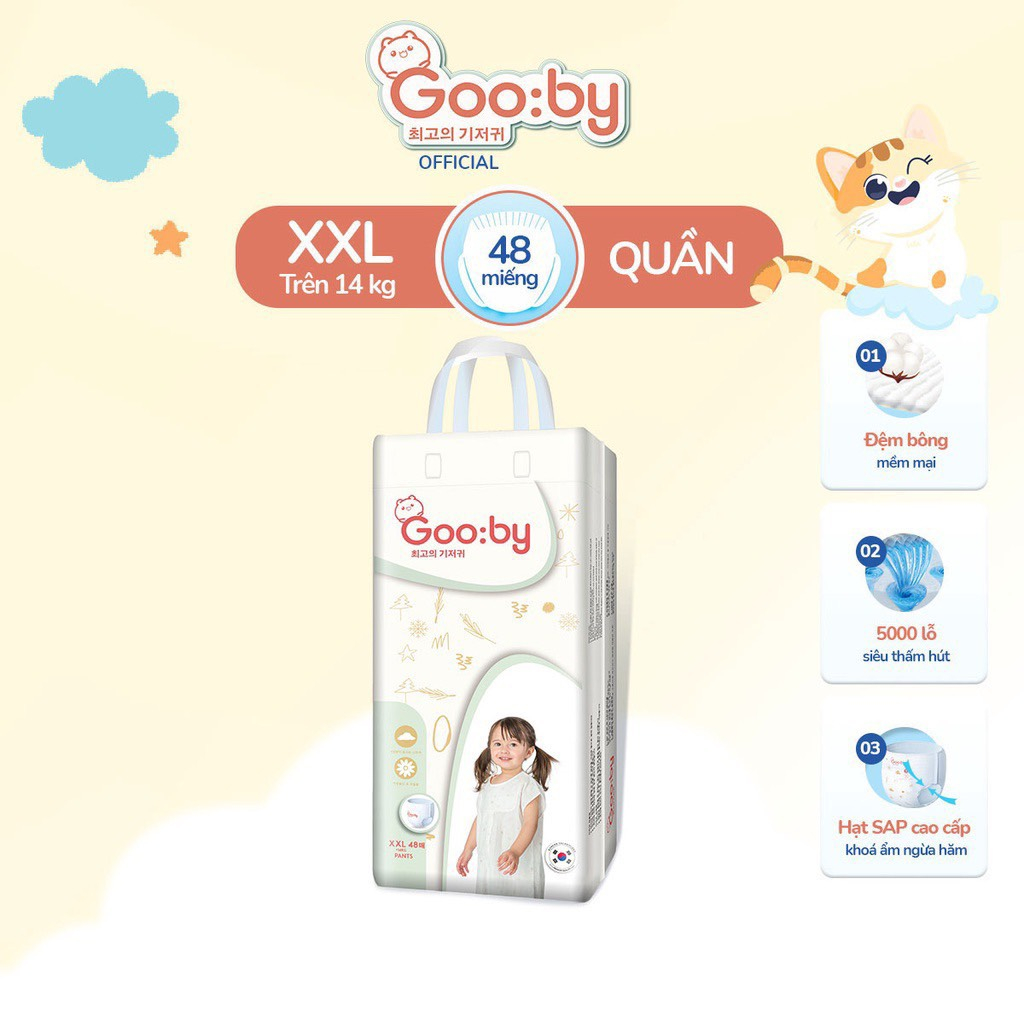 Tã/bỉm quần Gooby mềm mại, an toàn, siêu thấm hút size M/L/XL/XXL/3XL cho bé từ 6kg - 35kg