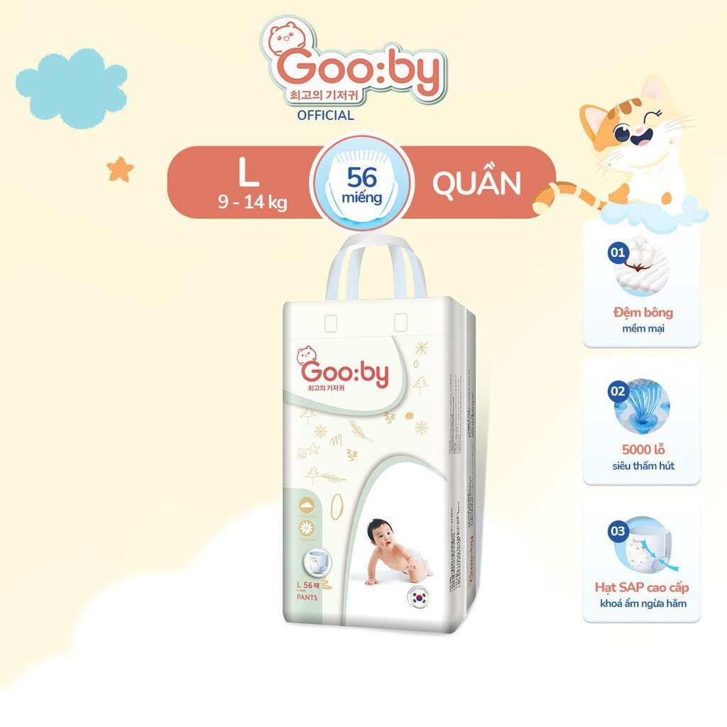 Tã/bỉm quần Gooby mềm mại, an toàn, siêu thấm hút size M/L/XL/XXL/3XL cho bé từ 6kg - 35kg